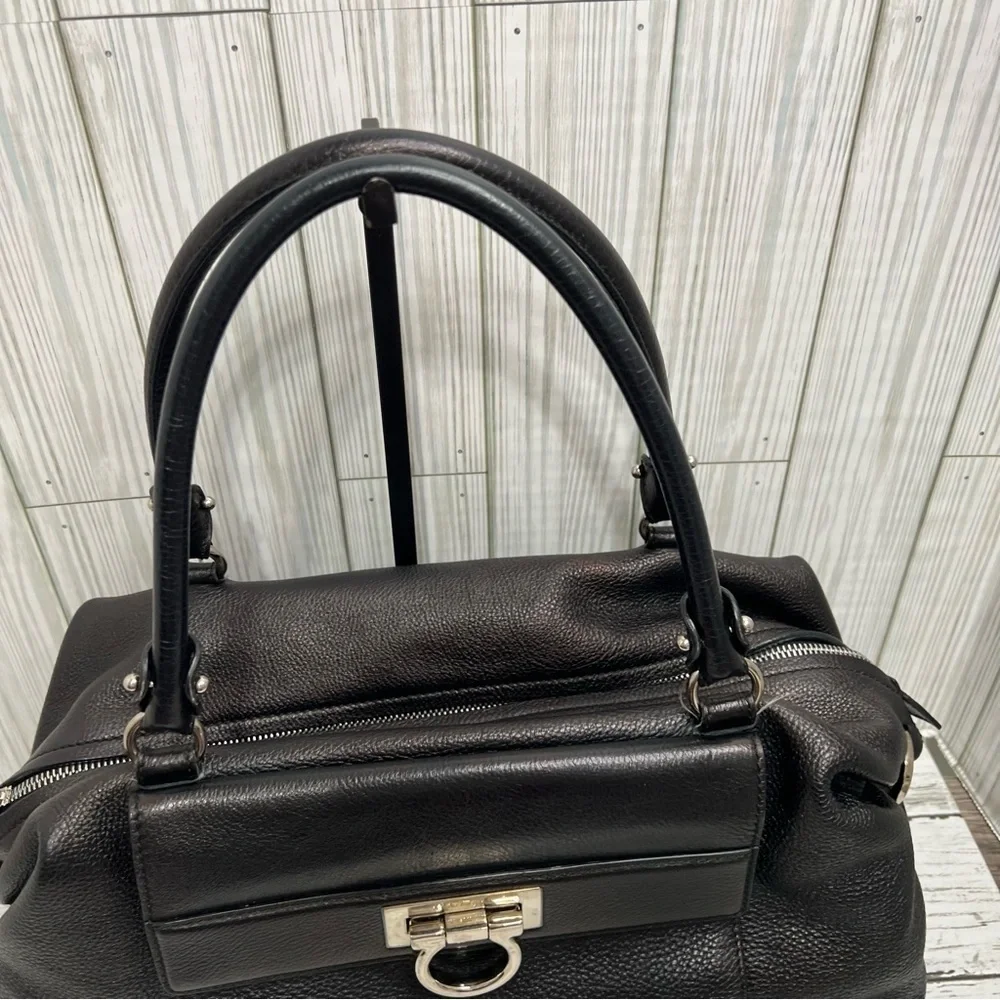 Salvatore Ferragamo Black Pebbled Leather Satchel Tote Bag Top Handle Purse